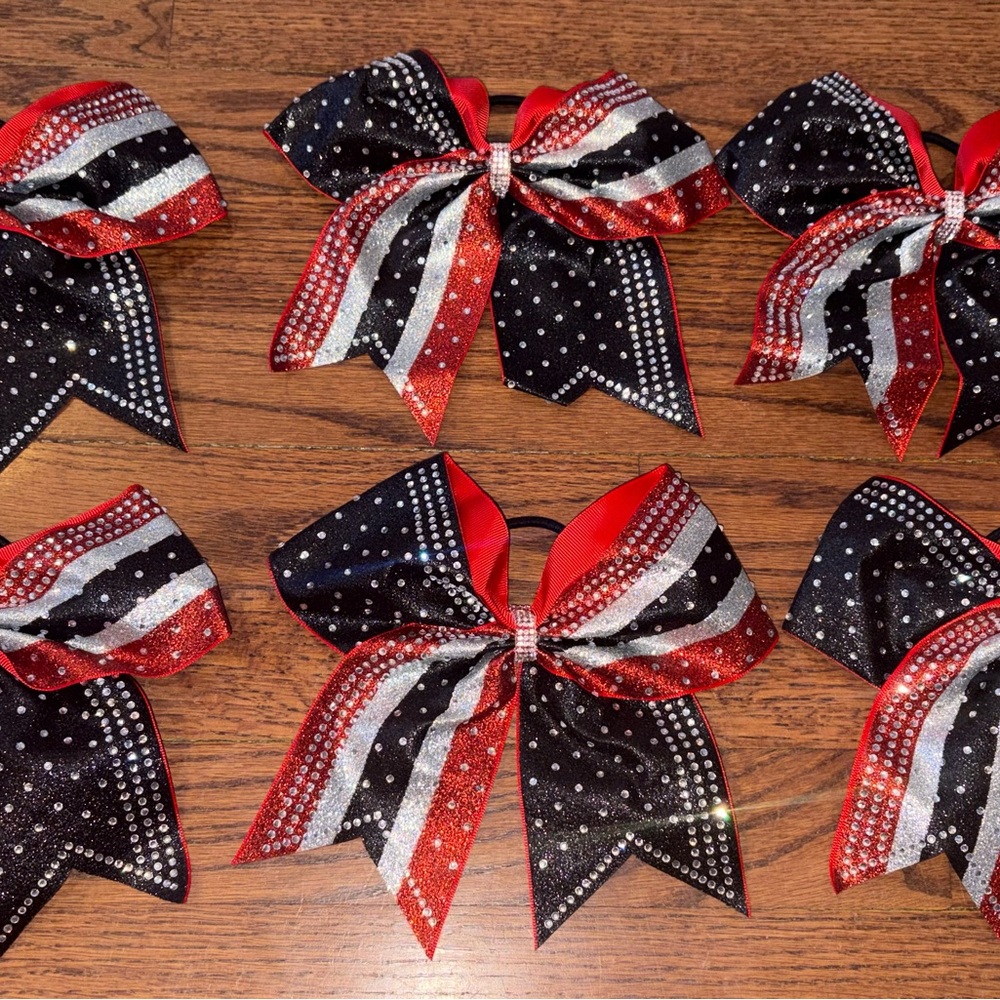 6 Cheer Bows Red Black and Silver Hair Bows Girls Hair Accessories New No Box